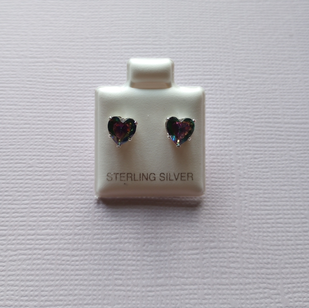 Sterling Silver Heart Stud Earrings Rainbow Topaz